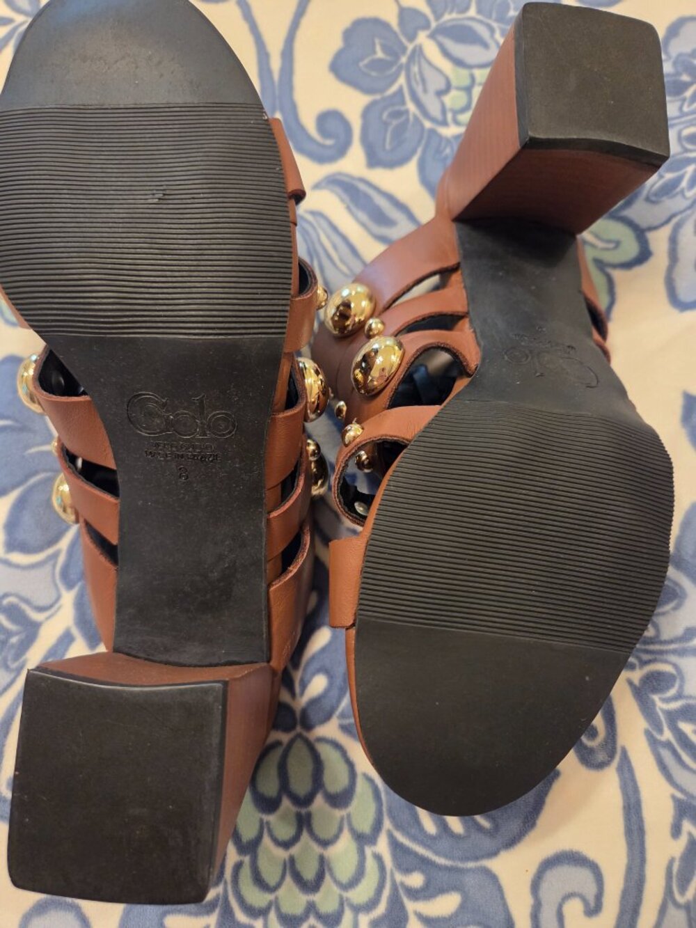 Golo Worthy Brown Gold Studded Itailan Leather Slide Block Heeled Sandal - Picture 4 of 4